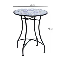 Outsunny Outdoor Mosaic Round Garden Table, Patio Bistro Coffee Side Table with 60cm Ceramic Top for Garden, Blue and White - 3