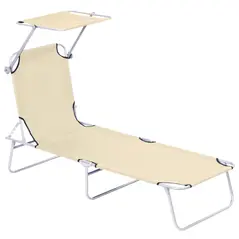 Outsunny Outdoor Foldable Sun Lounger, 4 Level Adjustable Backrest Reclining Sun Lounger Chair with Angle Adjust Sun Shade Awning for Beach, Garden, Patio, Beige - 1