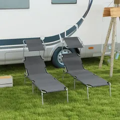 Outsunny Outdoor Foldable Sun Lounger Set of 2, 4 Level Adjustable Backrest Reclining Sun Lounger Chair with Angle Adjust Sun Shade Awning for Beach, Garden, Patio, Grey - 2