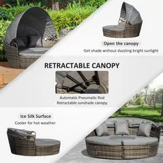 Outsunny Outdoor PE Rattan Garden Furniture with Cushioned, Patio Wicker Conversation Furniture Set, Round Daybed with Retractable Canopy, Coffee Table and Three Pillows, Dark Grey/Grey - 5