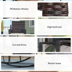 Outsunny Outdoor PE Rattan Rocking Chair Set of 2, Garden Rocking Chair Set with Armrest and Cushion, Brown - 6