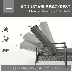 Outsunny PE Rattan Sun Loungers set of 2 with Cushion, Outdoor 2 Pieces Garden Sunbed Furniture with 4-Level Recliner Backrest, and Armrest, Grey - 3