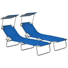Outsunny Outdoor Foldable Sun Lounger Set of 2, 4 Level Adjustable Backrest Reclining Sun Lounger Chair with Angle Adjust Sun Shade Awning for Beach, Garden, Patio, Blue - 1