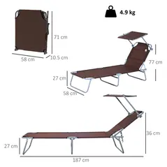 Outsunny Outdoor Foldable Sun Lounger, 4 Level Adjustable Backrest  Reclining Sun Lounger Chair with Angle Adjust Sun Shade Awning for Beach, Garden, Patio, Brown - 3
