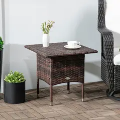 Outsunny Outdoor Rattan Side Table Coffee Table with Plastic Board, Full Woven Table Top for Patio, Garden, Balcony, Mixed Brown - 2
