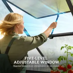 Outsunny Polycarbonate Greenhouse with Swing Door and Adjustable Window, Walk-in Greenhouse with Rain Gutter, 6 x 6.5ft, Black - 8