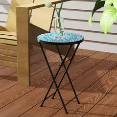 Outsunny Mosaic Outdoor Garden Table, 35.5cm Round Folding Coffee Table with Metal Frame for Balcony Terrace, Blue - 9