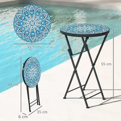 Outsunny Mosaic Outdoor Garden Table, 35.5cm Round Folding Coffee Table with Metal Frame for Balcony Terrace, Blue - 3