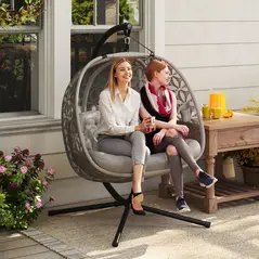 Outsunny Outdoor Double Hanging Chair with Cushion and Cup Holders, Sand Brown - 2