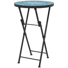 Outsunny Mosaic Outdoor Garden Table, 35.5cm Round Folding Coffee Table with Metal Frame for Balcony Terrace, Blue - 1