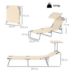 Outsunny Outdoor Foldable Sun Lounger, 4 Level Adjustable Backrest Reclining Sun Lounger Chair with Angle Adjust Sun Shade Awning for Beach, Garden, Patio, Beige - 3