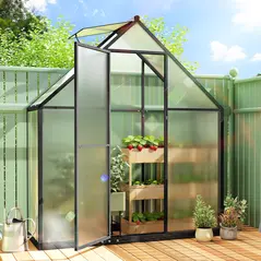 Outsunny Polycarbonate Greenhouse with Swing Door and Adjustable Window, Walk-in Greenhouse, 5.5 x 6.5ft, Black - 2