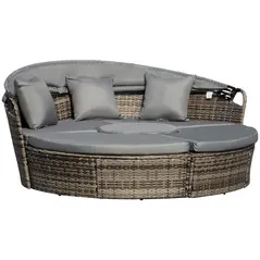 Outsunny Outdoor PE Rattan Garden Furniture with Cushioned, Patio Wicker Conversation Furniture Set, Round Daybed with Retractable Canopy, Coffee Table and Three Pillows, Dark Grey/Grey - 1