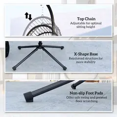 Outsunny Outdoor PE Rattan Swing Chair with Foldable Basket and Cushion, Garden Patio Hanging Egg Chair with Metal Stand, Headrest for Indoor and Outdoor, Black - 7