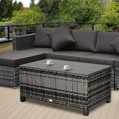 Outsunny PE Rattan Garden Coffee Table, with Glass Table Top - Grey - 9