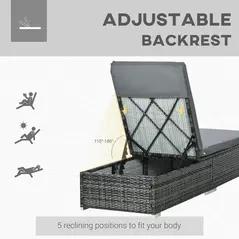 Outsunny PE Rattan Sun Loungers set of 2 with Cushion, Outdoor 2 Pieces Garden Sunbed Furniture with 5-Level Recliner Backrest, Reclining Patio Wicker Bed Chair, Grey - 6