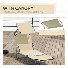 Outsunny Outdoor Foldable Sun Lounger, 4 Level Adjustable Backrest Reclining Sun Lounger Chair with Angle Adjust Sun Shade Awning for Beach, Garden, Patio, Beige - 6