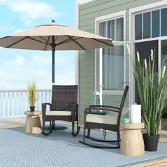 Outsunny Outdoor PE Rattan Rocking Chair Set of 2, Garden Rocking Chair Set with Armrest and Cushion, Brown - 2