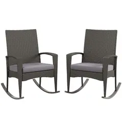 Outsunny Outdoor PE Rattan Rocking Chair Set of 2, Garden Rocking Chair Set with Armrest and Cushion, Grey - 1
