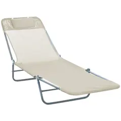 Outsunny Outdoor Foldable Sun Lounger, Adjustable Backrest Garden Recliner Sun Lounger Chair with Headrest Pillow, Beige - 1