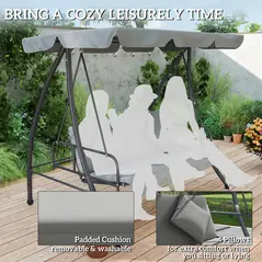 Outsunny Outdoor 2-in-1 Swing Chair Lounger 3 Seater Garden Swing Seat Bed Convertible Tilt Canopy W/ Cushion, Light Grey - 7