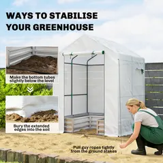 Outsunny Mini Greenhouse with Raised Garden Bed, Galvanised Walk-in Greenhouse with Roll Up Windows, 56" x 56" x 75", White - 8