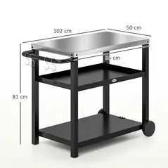 Outsunny Outdoor Grill Dining Cart 3-Shelf Movable Pizza Oven Table Stand with Stainless Steel Top, Portable BBQ Trolley Food Prep Outdoor Kitchen Barbecue Station with Hooks Wheels, Charcoal Grey - 3