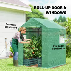 Outsunny Mini Greenhouse with Raised Garden Bed, Galvanised Walk-in Greenhouse with Roll Up Windows, 56" x 56" x 75", Green - 7