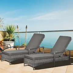 Outsunny PE Rattan Sun Loungers set of 2 with Cushion, Outdoor 2 Pieces Garden Sunbed Furniture with 4-Level Recliner Backrest, and Armrest, Grey - 9