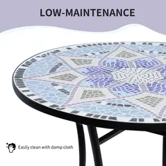 Outsunny Outdoor Mosaic Round Garden Table, Patio Bistro Coffee Side Table with 60cm Ceramic Top for Garden, Blue and White - 6