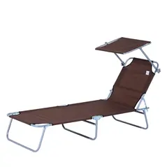 Outsunny Outdoor Foldable Sun Lounger, 4 Level Adjustable Backrest  Reclining Sun Lounger Chair with Angle Adjust Sun Shade Awning for Beach, Garden, Patio, Brown - 1