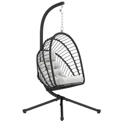 Outsunny Outdoor PE Rattan Swing Chair with Foldable Basket and Cushion, Garden Patio Hanging Egg Chair with Metal Stand, Headrest for Indoor and Outdoor, Black - 1