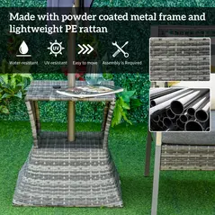 Outsunny Outdoor Patio Rattan Wicker Coffee Table Bistro Side Table w/ Umbrella Hole and Storage Space, Grey - 6