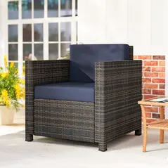 Outsunny PE Rattan Garden Armchair with Cushion - Mixed Brown/Navy Blue - 8