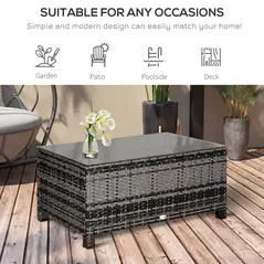 Outsunny PE Rattan Garden Coffee Table, with Glass Table Top - Grey - 6