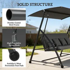 Outsunny Outdoor 2-in-1 Swing Chair Lounger 3 Seater Garden Swing Seat Bed Convertible Tilt Canopy W/ Cushion, Dark Grey - 7