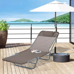 Outsunny Outdoor Foldable Sun Lounger, Adjustable Backrest Garden Recliner Sun Lounger Chair with Headrest Pillow, Coffee - 7
