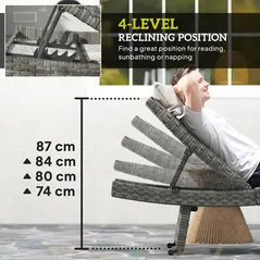 Outsunny Outdoor PE Rattan Sun Lounger, Folding Wicker Garden Lounger Recliner with 4-Level Adjustable Backrest, Rolling Sunbed Lounge Chair with Wheels, Non-Slip Legs for Balcony, Beach, Mixed-grey - 5