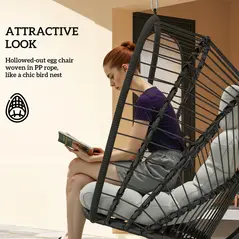 Outsunny Outdoor PE Rattan Swing Chair with Foldable Basket and Cushion, Garden Patio Hanging Egg Chair with Metal Stand, Headrest for Indoor and Outdoor, Black - 6