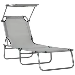 Outsunny Outdoor Foldable Sun Lounger, 4 Level Adjustable Backrest Reclining Sun Lounger Chair with Angle Adjust Sun Shade Awning for Beach, Garden, Patio, Light Grey - 1