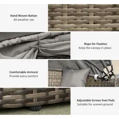 Outsunny Outdoor PE Rattan Garden Furniture with Cushioned, Patio Wicker Conversation Furniture Set, Round Daybed with Retractable Canopy, Coffee Table and Three Pillows, Dark Grey/Grey - 4