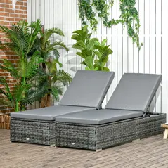 Outsunny PE Rattan Sun Loungers set of 2 with Cushion, Outdoor 2 Pieces Garden Sunbed Furniture with 5-Level Recliner Backrest, Reclining Patio Wicker Bed Chair, Grey - 2