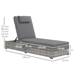 Outsunny Outdoor Patio PE Rattan Lounger with Cushion, 5-Level Reclining Wicker Rattan Sun Lounger with Tea Tray, for Poolside, Patio, Deck, 120kg Weight Capacity, Grey - 3