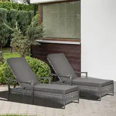 Outsunny PE Rattan Sun Loungers set of 2 with Cushion, Outdoor 2 Pieces Garden Sunbed Furniture with 4-Level Recliner Backrest, and Armrest, Grey - 2