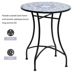 Outsunny Outdoor Mosaic Round Garden Table, Patio Bistro Coffee Side Table with 60cm Ceramic Top for Garden, Blue and White - 4