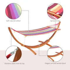 Outsunny Outdoor Hammock with Stand, Free Standing Hammock with Arc Wooden Frame and 200 x 100cm Fabric, Garden Swing Hanging Bed with Safe Ropes, Multicolour - 6