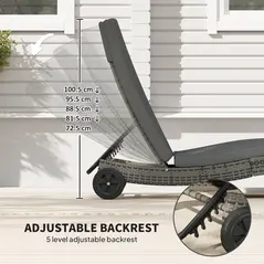 Outsunny Patio Wicker Chaise Lounge Chair, Outdoor PE Rattan Sun Lounger with Adjustable Backrest and 2 Wheels, Dark Grey - 5