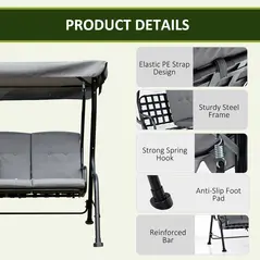 Outsunny Outdoor 3-person Metal Porch Swing Chair Bench, Grey - 7