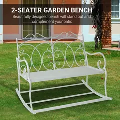 Outsunny Patio 2 Seater Rocking Bench Steel Garden Outdoor Garden Loveseat Chair w/ Decorative Backrest White - 5