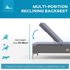 Outsunny Outdoor PE Rattan Sun Lounger Set of 2, Multi-position Backrest Adjustable Single Recliner Sunbed Daybed with Removeable & Washable Cushion, for Patio, Garden, Dark Grey - 4